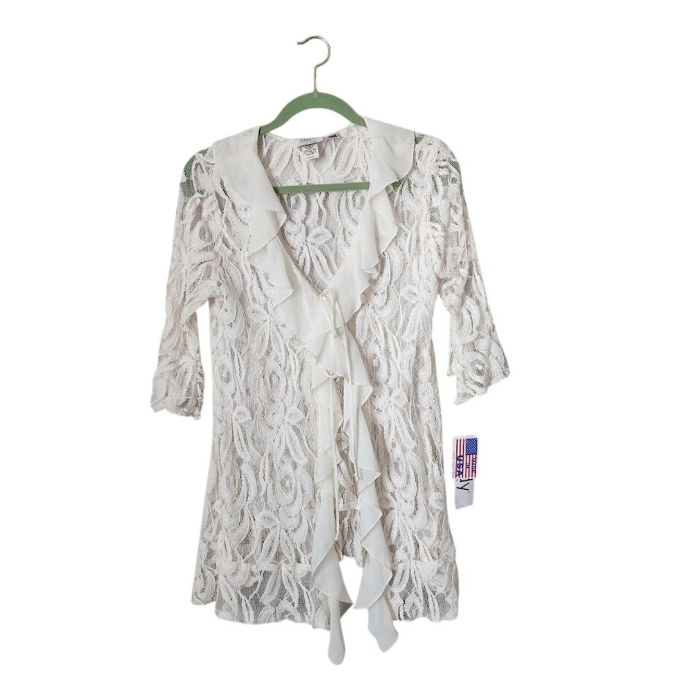 JODY CALIFORNIA Lace Ruffle Cardigan Sheer Tie Front‎ Top White M NEW